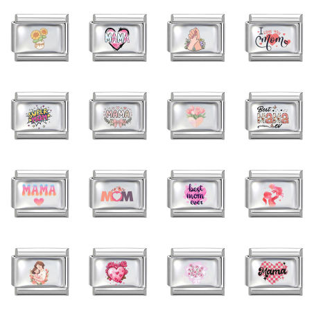 304 Stainless Steel Mother's Day Italian Charm Links For DIY Bracelet Jewelry Making Wholesale Silver Tone Rectangle 10mm x 9mm