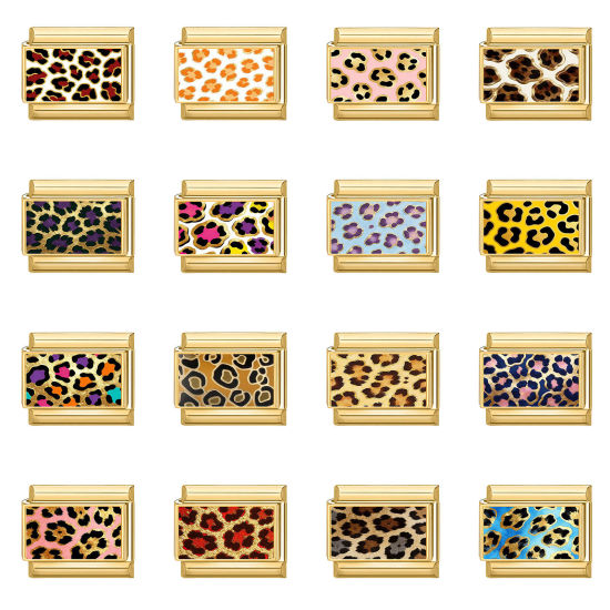 Image de 1 Pièce Bracelet à Maillons Breloques Italiens Accessories de Fabrication de Bracelets Bijoux DIY En Gros en 304 Acier Inoxydable Doré Rectangle Léopard 10mm x 9mm