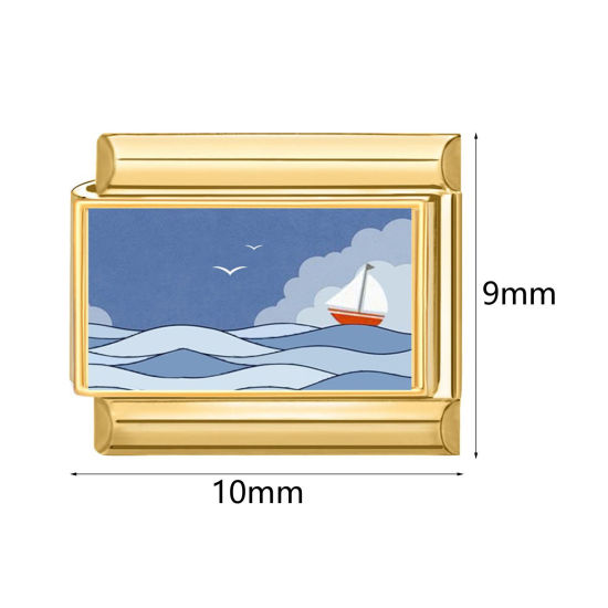 Picture of 304 Stainless Steel Ocean Jewelry Italian Charm Links For DIY Bracelet Jewelry Making Wholesale Gold Plated Rectangle Marine Animal 10mm x 9mm