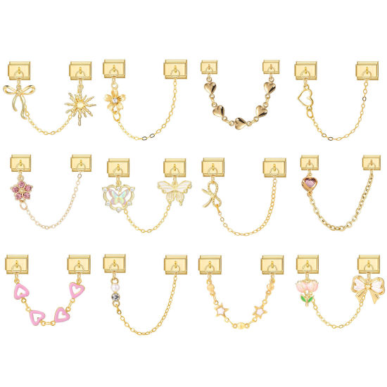 Image de 1 Lot Chaîne Connectée à Maillons Doubles Italian Charm pour la Fabrication de Bijoux-Montres et Bracelets Modulaires DIY En Gros Élégant en 304 Acier Inoxydable Doré Nœuds Papillon Cœur Alliage de Zinc Pendentif 10mm x 9mm