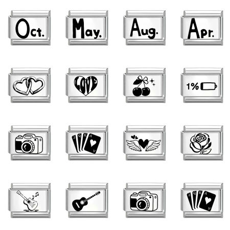 304 Stainless Steel Stylish Italian Charm Links For DIY Bracelet Jewelry Making Wholesale Silver Tone Black Rectangle Word Message 10mm x 9mm