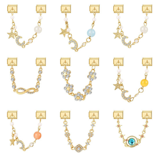 Picture of 1 Piece 304 Stainless Steel Exquisite Italian Charm Connected Chain Double Links For DIY Modular Bracelet Watch Jewelry Making, With Zinc Alloy Pendant Half Moon Infinity Symbol Gold Plated - Wholesale, 10mm x 9mm