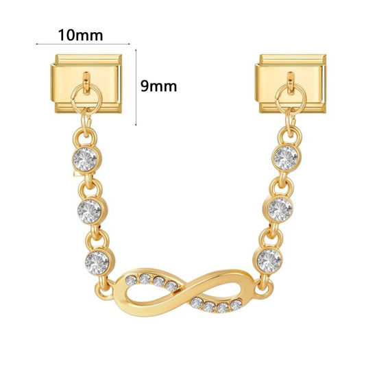 Picture of 1 Piece 304 Stainless Steel Exquisite Italian Charm Connected Chain Double Links For DIY Modular Bracelet Watch Jewelry Making, With Zinc Alloy Pendant Half Moon Infinity Symbol Gold Plated - Wholesale, 10mm x 9mm