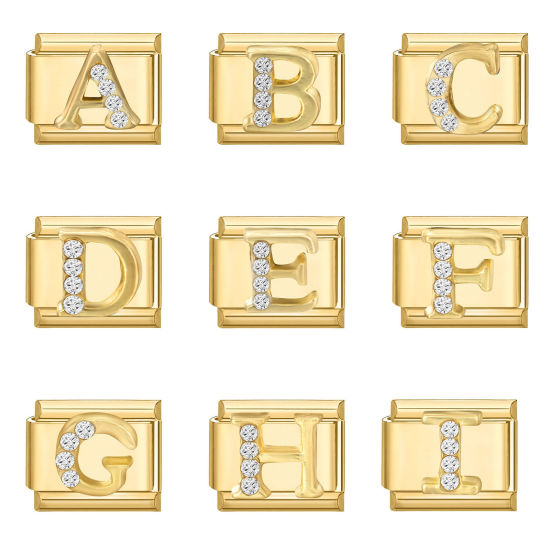 Image de 1 Pièce Maillons de Charme Italiens pour la Fabrication de Bijoux de Montres-Bracelets Modulables à Faire Soi-Même En Gros en 304 Acier Inoxydable Doré Rectangle Alphabet Initial/ Lettre Majuscule Mots " A-Z " à Strass Transparent 10mm x 9mm