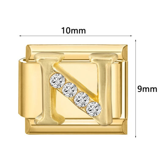 Image de 1 Pièce Maillons de Charme Italiens pour la Fabrication de Bijoux de Montres-Bracelets Modulables à Faire Soi-Même En Gros en 304 Acier Inoxydable Doré Rectangle Alphabet Initial/ Lettre Majuscule Mots " A-Z " à Strass Transparent 10mm x 9mm