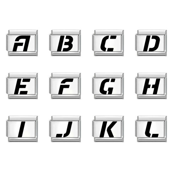 Image de 1 Pièce Maillons de Charme Italiens pour la Fabrication de Bijoux de Montres-Bracelets Modulables à Faire Soi-Même En Gros en 304 Acier Inoxydable Argent Mat en Noir Alphabet Initial/ Lettre Majuscule Mots " A-Z " 10mm x 9mm