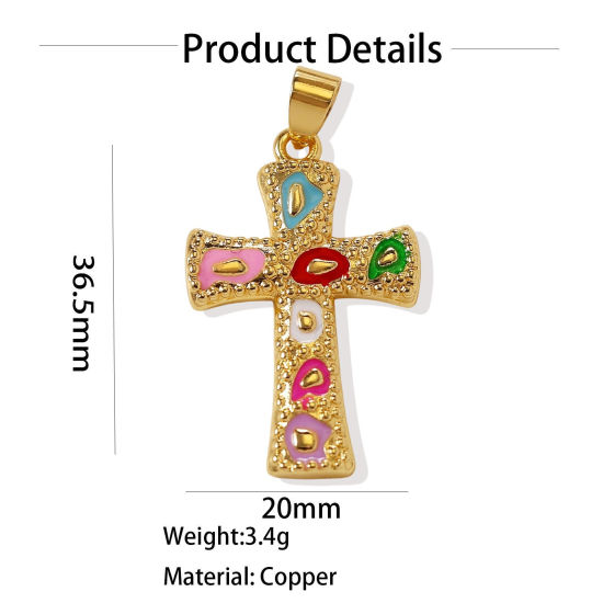 Picture of 1 Piece Brass Religious Pendants Wholesale, Cross Multicolor Enamel 3.7cm x 2cm