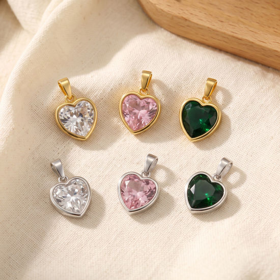Bild von 2 Stück Messing + Kubisch Zirkonia Valentinstag Charm-Anhänger Großhandel, Bunt Herz 16mm x 9mm
