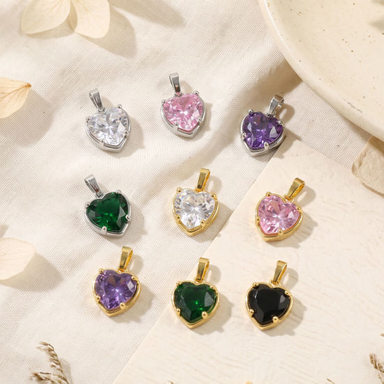 1 個 真鍮+ジルコン バレンタイン・デー チャーム ペンダント 卸売り, ハート 多色 19mm x 12mm、 の画像