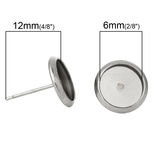304ステンレス鋼 イヤリングパーツ 円形 シルバートーン カボション台座付き 嵌合 6mm 12mm x 8mm、ワイヤーサイズ:（20ゲージ）、 30 個 の画像