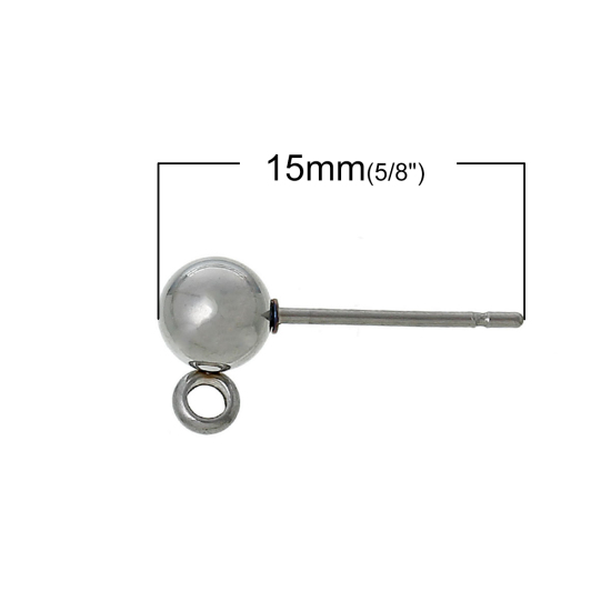Picture of 304 Stainless Steel Ear Post Stud Earrings Findings Ball Silver Tone W/ Loop 15mm( 5/8") x 7mm( 2/8"), Post/ Wire Size: (21 gauge), 20 PCs