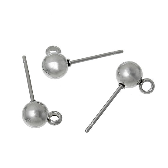 Picture of 304 Stainless Steel Ear Post Stud Earrings Findings Ball Silver Tone W/ Loop 15mm( 5/8") x 7mm( 2/8"), Post/ Wire Size: (21 gauge), 20 PCs