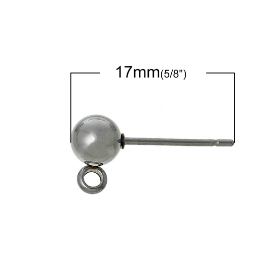 Picture of 304 Stainless Steel Ear Post Stud Earrings Findings Ball Silver Tone W/ Loop 17mm( 5/8") x 9mm( 3/8"), Post/ Wire Size: (21 gauge), 10 PCs