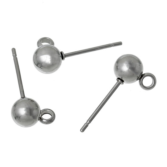 Picture of 304 Stainless Steel Ear Post Stud Earrings Findings Ball Silver Tone W/ Loop 17mm( 5/8") x 9mm( 3/8"), Post/ Wire Size: (21 gauge), 10 PCs