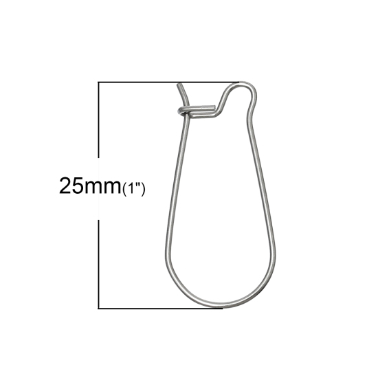 Picture of 304 Stainless Steel Kidney Ear Wire Hooks Earring Findings Silver Tone 25mm(1") x 12mm( 4/8"), Post/ Wire Size: (21 gauge), 50 PCs