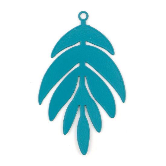 Bild von 200 Stück Eisenlegierung Filigran Stempel Verzierung Anhänger Pfau Grün Blätter Spritzlackierung 4cm x 2.4cm