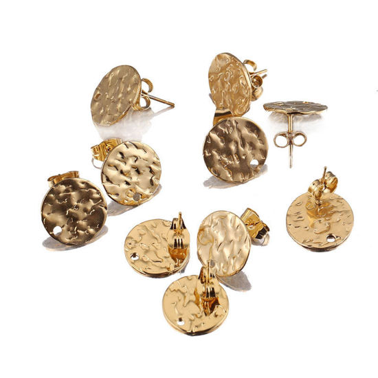 Picture of 10 PCs Stainless Steel Hammered Ear Post Stud Earrings Round 18K Gold Plated With Loop 8mm Dia., Post/ Wire Size: (20 gauge)
