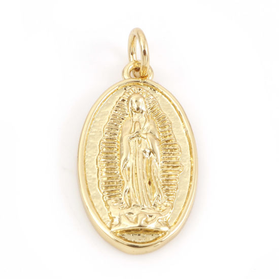 Image de Breloques Religieux en Laiton Ovale Plaqué Or Véritable 18K Sainte Vierge Marie Micro Pave 25mm x 12mm, 10 Pcs