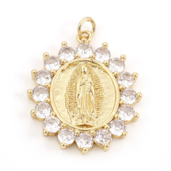 Image de Pendentifs Religieux en Laiton Ovale Plaqué Or Véritable 18K Sainte Vierge Marie Micro Pave à Strass Transparent 3.2cm x 2.4cm, 10 Pcs