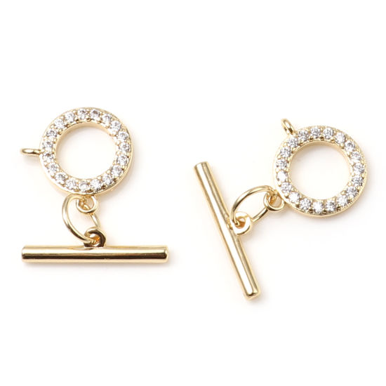 Image de Fermoir Toggle en Laiton Annulaire Plaqué Or 18K à Strass Transparent 17mm x 14mm, 1 Pièce