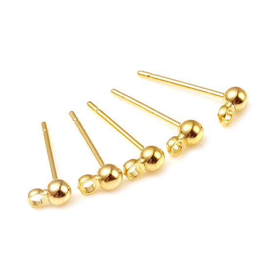 Picture of 10 PCs Brass Ear Post Stud Earrings 18K Real Gold Plated Ball With Loop 5mm x 3mm, Post/ Wire Size: 0.7mm(21 gauge)
