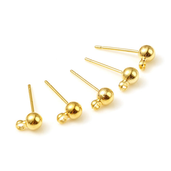 Picture of 10 PCs Brass Ear Post Stud Earrings 18K Real Gold Plated Ball With Loop 6mm x 4mm, Post/ Wire Size: 0.7mm(21 gauge)