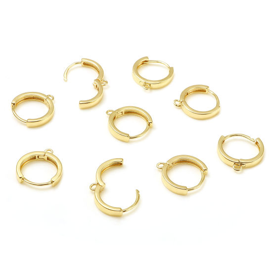 Picture of 2 PCs Brass Hoop Earrings 18K Real Gold Plated Round With Loop 17mm x 16mm, Post/ Wire Size: 1.1mm(17 gauge)