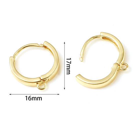 Picture of 2 PCs Brass Hoop Earrings 18K Real Gold Plated Round With Loop 17mm x 16mm, Post/ Wire Size: 1.1mm(17 gauge)