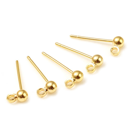 Picture of 10 PCs Brass Ear Post Stud Earrings 18K Real Gold Plated Ball With Loop 5mm x 3mm, Post/ Wire Size: 0.7mm(21 gauge)