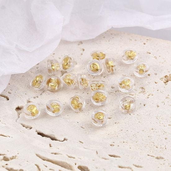 Picture of Brass & Silicone Ear Nuts Post Stopper Earring Findings 18K Real Gold Plated Round 5mm Dia., 20 PCs