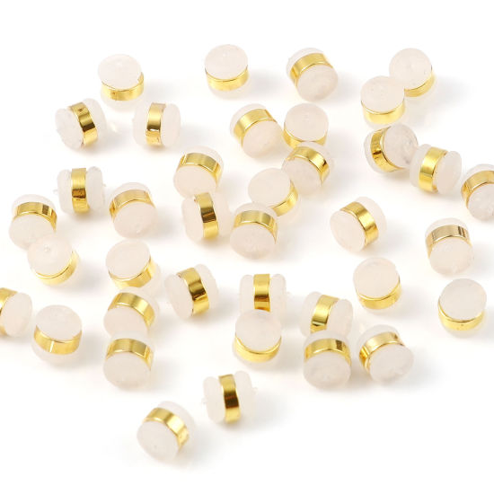 Picture of Brass & Silicone Ear Nuts Post Stopper Earring Findings 18K Real Gold Plated White Cylinder 6mm x 5mm, 10 PCs