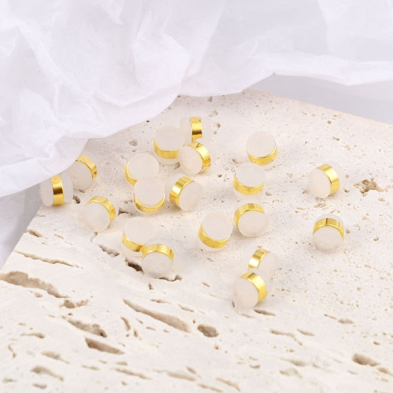 Picture of Brass & Silicone Ear Nuts Post Stopper Earring Findings 18K Real Gold Plated White Cylinder 6mm x 5mm, 10 PCs