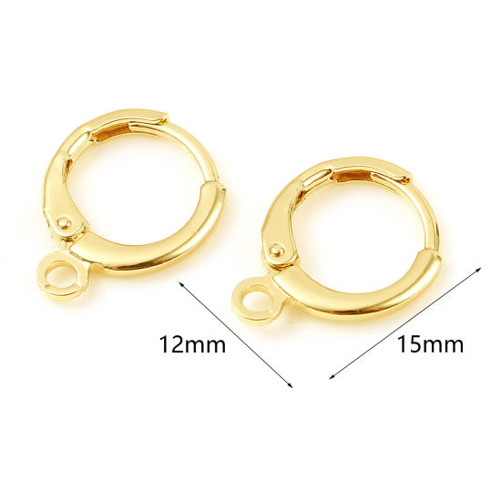 Picture of 6 PCs Brass Hoop Earrings 18K Real Gold Plated Round With Loop 15mm x 12mm, Post/ Wire Size: 1mm(18 gauge)