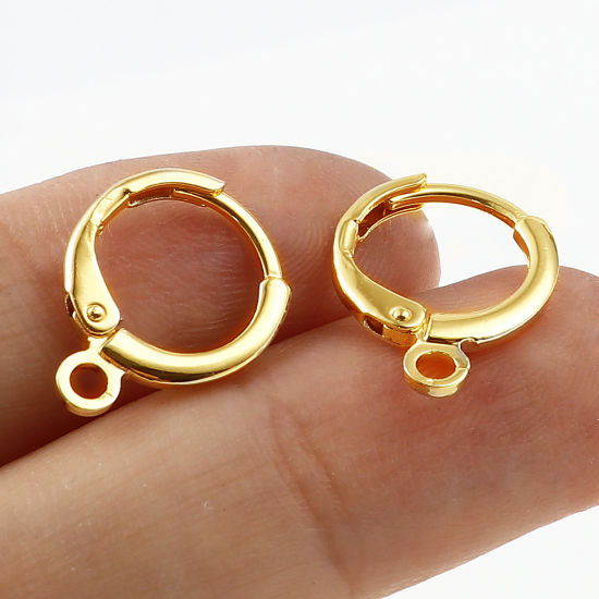 Picture of 6 PCs Brass Hoop Earrings 18K Real Gold Plated Round With Loop 15mm x 12mm, Post/ Wire Size: 1mm(18 gauge)