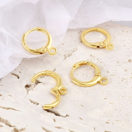 Picture of 6 PCs Brass Hoop Earrings 18K Real Gold Plated Round With Loop 15mm x 12mm, Post/ Wire Size: 1mm(18 gauge)