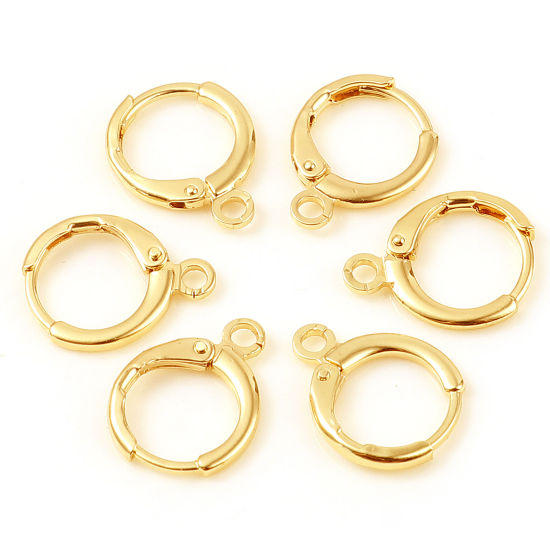 Picture of 6 PCs Brass Hoop Earrings 18K Real Gold Plated Round With Loop 15mm x 12mm, Post/ Wire Size: 1mm(18 gauge)