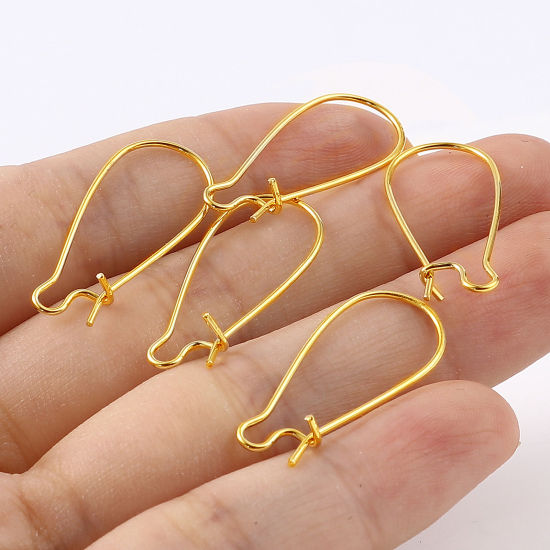 Picture of 10 PCs Brass Hoop Earrings 18K Real Gold Plated U Shaped With Loop 25mm x 11mm, Post/ Wire Size: 0.7mm(21 gauge)