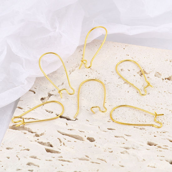 Picture of 10 PCs Brass Hoop Earrings 18K Real Gold Plated U Shaped With Loop 25mm x 11mm, Post/ Wire Size: 0.7mm(21 gauge)