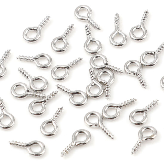 Picture of Brass Screw Eyes Bails Top Drilled Findings Real Platinum Plated Plating Needle Thickness: 1.2mm, 8mm x 4mm, 10 PCs