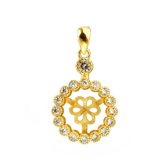 Picture of Brass Micro Pave Pearl Pendant Connector Bail Pin Cap 18K Real Gold Plated Round Flower Needle Thickness: 0.7mm, Clear Rhinestone 26mm x 15mm, 1 Piece