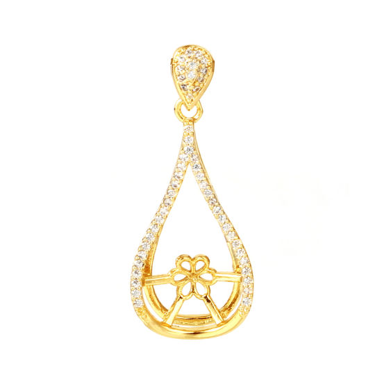 Picture of Brass Micro Pave Pearl Pendant Connector Bail Pin Cap 18K Real Gold Plated Drop Flower Needle Thickness: 0.7mm, Clear Rhinestone 33mm x 14mm, 1 Piece