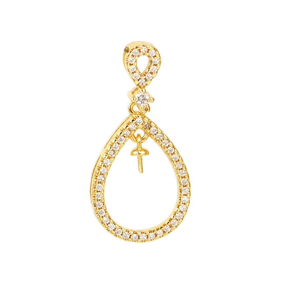 Picture of Brass Micro Pave Pearl Pendant Connector Bail Pin Cap 18K Real Gold Plated Drop Needle Thickness: 0.7mm, Clear Rhinestone 28mm x 14mm, 1 Piece