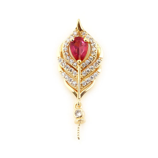 Picture of Brass Micro Pave Pearl Pendant Connector Bail Pin Cap 18K Real Gold Plated Leaf Needle Thickness: 0.8mm, Clear Rhinestone Fuchsia Cubic Zirconia 33mm x 13mm, 1 Piece