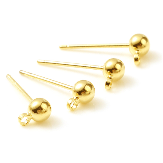 Picture of Brass Ear Post Stud Earrings Gold Filled Ball W/ Loop 6mm x 4mm, Post/ Wire Size: 0.7mm, 4 PCs