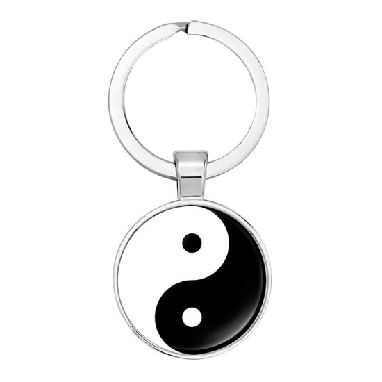 Image de Porte-Clés en Alliage de zinc+Verre Argent Mat Noir & Blanc Rond Symbole Taiji 5.3cm, 1 Pièce