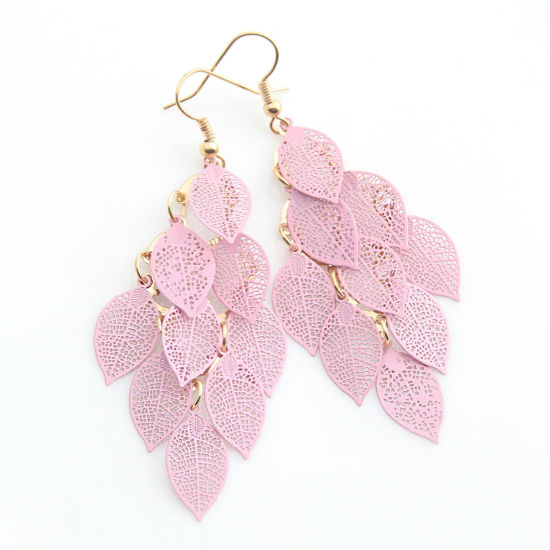 Image de Boucles d'Oreilles en Laiton Rose Clair Feuille 80mm , 1 Paire