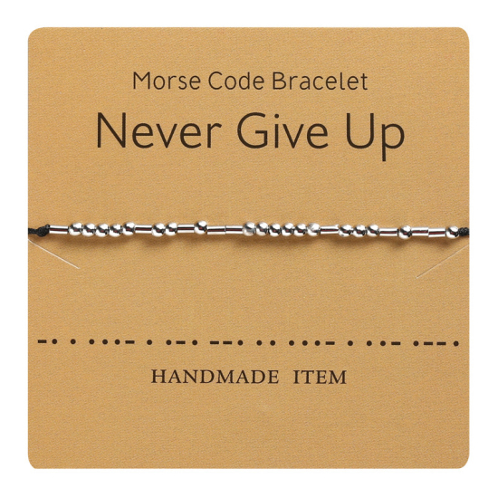 1 本 真鍮 & テリレン モールス符号 編組ブレスレット シルバートーン 黒 文字内容 NEVER GIVE UP" の画像