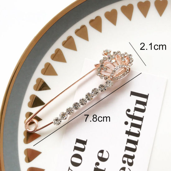 Imagen de Pin Broches Corona Oro Rosa Transparente Rhinestone 1 Unidad