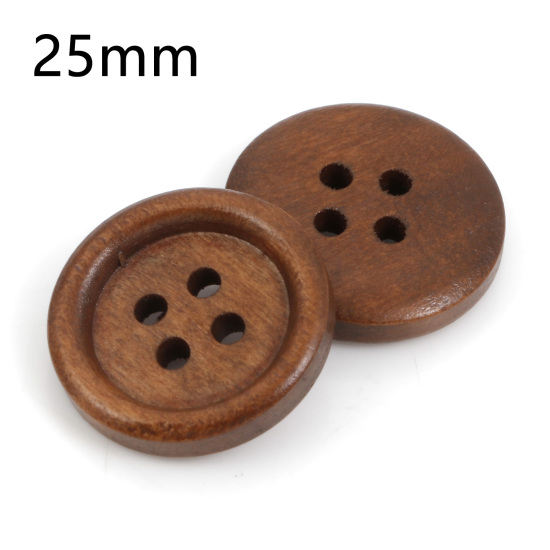 ウッド 縫製ボタン 4つ穴 円形 コーヒー色 25mm 直径、 100 個 の画像