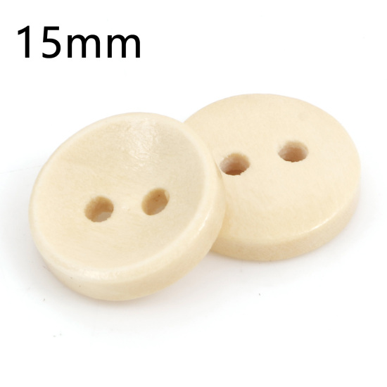 100 個 天然ウッド 縫製ボタン 2つ穴 円形 オフホワイト 15mm 直径、 の画像
